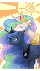 Size: 720x1280 | Tagged: safe, artist:buryooooo, derpibooru import, princess celestia, princess luna, alicorn, pony, :3, affection, blushing, cute, duo, eyes closed, female, jewelry, mare, neck hug, open mouth, regalia, royal sisters, siblings, sisterly love, sisters, surprised