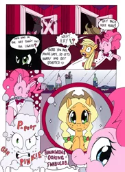 Size: 2540x3480 | Tagged: safe, artist:mohawkrex, artist:whysoseriouss, derpibooru import, applejack, pinkie pie, earth pony, pony, comic:a piece of pie, alternate hairstyle, brush, comic, duo, female, makeover, mare, mirror, mouth hold, pigtails, plaid, soap bubble, suds, the amazing pinkie pie