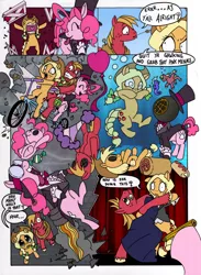 Size: 2544x3484 | Tagged: safe, artist:mohawkrex, artist:whysoseriouss, derpibooru import, applejack, big macintosh, pinkie pie, earth pony, pony, comic:a piece of pie, alternate hairstyle, bicycle, clothes, comic, diving helmet, duck amuck, female, fourth wall, goggles, hat, jetpack, male, mare, stallion, the amazing pinkie pie, top hat, tuxedo