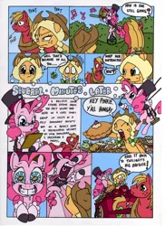 Size: 2544x3504 | Tagged: safe, artist:mohawkrex, artist:whysoseriouss, derpibooru import, applejack, big macintosh, pinkie pie, earth pony, pony, comic:a piece of pie, alternate hairstyle, clothes, comic, female, food, glasses, hat, male, mare, pie, pigtails, pony pulls the wagon, stallion, the amazing pinkie pie, top hat, trombone, tuxedo, unicycle, wagon
