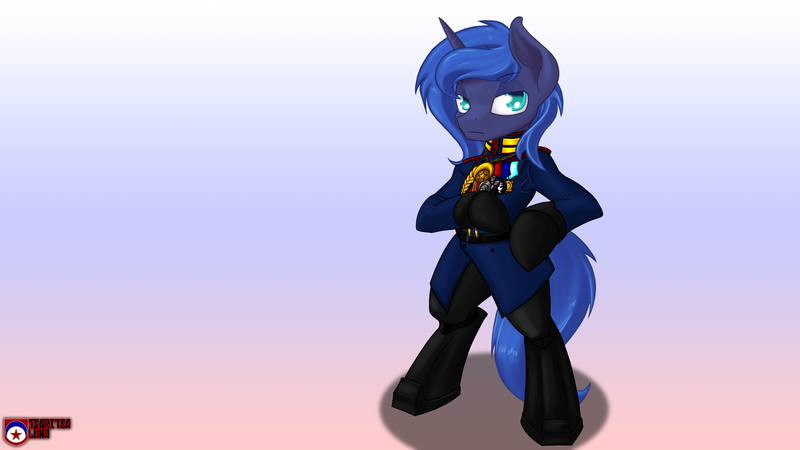 Size: 1920x1080 | Tagged: safe, artist:tsaritsaluna, derpibooru import, princess luna, pony, bipedal, boots, clothes, gloves, medals, sash, solo, style emulation, uniform