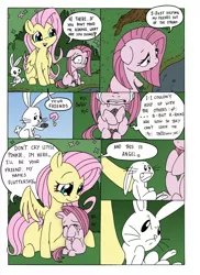 Size: 2544x3504 | Tagged: safe, artist:mohawkrex, artist:whysoseriouss, derpibooru import, angel bunny, fluttershy, pinkie pie, earth pony, pegasus, pony, comic:a piece of pie, comforting, comic, crying, female, filly, foal, mare, pinkamena diane pie, rock, sad, sitting