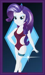 Size: 2489x4100 | Tagged: safe, artist:rexpony, derpibooru import, rarity, equestria girls, beautiful, bedroom eyes, blue eyes, blue eyeshadow, breasts, cleavage, clothes, cute, eyeshadow, female, legs, makeup, one-piece swimsuit, open-back swimsuit, purple hair, raribetes, solo, swimsuit, woman