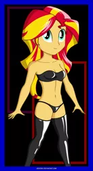 Size: 2363x4300 | Tagged: suggestive, artist:rexpony, derpibooru import, sunset shimmer, equestria girls, belly button, bra, breasts, clothes, female, latex, latex socks, midriff, panties, socks, solo, solo female, thigh highs, underwear