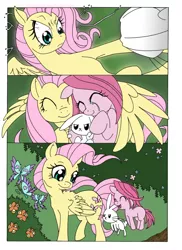 Size: 2544x3504 | Tagged: safe, artist:mohawkrex, artist:whysoseriouss, derpibooru import, angel bunny, fluttershy, pinkie pie, butterfly, earth pony, pegasus, pony, comic:a piece of pie, comforting, comic, cute, female, filly, foal, happy, hug, mare, pinkamena diane pie, the stare