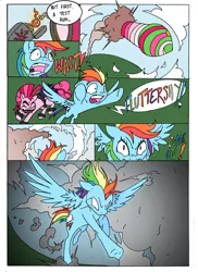 Size: 2544x3504 | Tagged: safe, artist:mohawkrex, artist:whysoseriouss, derpibooru import, pinkie pie, rainbow dash, earth pony, pegasus, pony, comic:a piece of pie, comic, duo, female, flying, lighter, mare, powering up, punkie pie, rocket