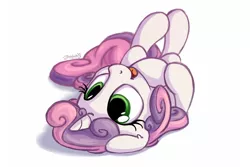 Size: 1800x1200 | Tagged: safe, artist:bobdude0, derpibooru import, sweetie belle, pony, unicorn, belly, cute, diasweetes, female, filly, horses doing horse things, imminent belly rub, legs in air, looking up, on back, open mouth, rolling, simple background, smiling, solo, upside down, weapons-grade cute, white background