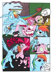 Size: 2544x3504 | Tagged: safe, artist:mohawkrex, artist:whysoseriouss, derpibooru import, angel bunny, fluttershy, pinkie pie, rainbow dash, earth pony, pegasus, pony, comic:a piece of pie, alternate hairstyle, comic, derp, female, filly, headbutt, knock out, knockout, mare, nose piercing, piercing, punkie pie, shark teeth