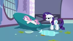 Size: 1280x720 | Tagged: safe, derpibooru import, screencap, rarity, sweetie belle, sisterhooves social, rarity is not amused, sweetiedumb, unamused