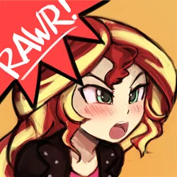 Size: 500x500 | Tagged: safe, artist:lumineko, derpibooru import, sunset shimmer, human, equestria girls, avatar, blushing, clothes, cute, female, glare, jacket, open mouth, rawr, rawrvatar, shimmerbetes, simple background, solo, speech bubble, yellow background