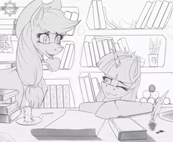Size: 1700x1400 | Tagged: safe, artist:twotail813, derpibooru import, applejack, twilight sparkle, twilight sparkle (alicorn), alicorn, pony, apple, book, ear fluff, female, food, grayscale, library, mare, monochrome, mouth hold, parchment, quill, rcf community, scroll