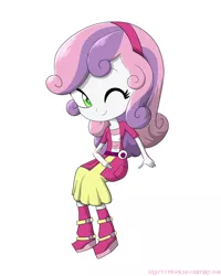 Size: 1600x2000 | Tagged: safe, artist:graytyphoon, derpibooru import, sweetie belle, equestria girls, belt, boots, clothes, cute, diasweetes, female, one eye closed, shoes, skirt, solo, wink