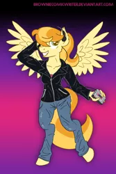 Size: 2000x3000 | Tagged: abstract background, anthro, anthro oc, artist:greenlinzerd, clothes, derpibooru import, headphones, jacket, oc, oc:sunny smile, pegasus, pun, request, safe, solo, unguligrade anthro, unofficial characters only, walkman
