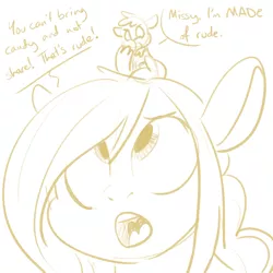 Size: 700x700 | Tagged: safe, artist:goat train, deleted from derpibooru, derpibooru import, oc, oc:goatmod, oc:sequoia, unofficial characters only, goat, pony, dialogue, giant pony, macro, monochrome, rude, sketch