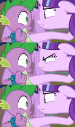 Size: 1544x2600 | Tagged: safe, alternate version, derpibooru import, edit, edited screencap, screencap, spike, starlight glimmer, twilight sparkle, twilight sparkle (alicorn), alicorn, dragon, pony, unicorn, the cutie re-mark, awkward, backpack, bedroom eyes, comic, evil, evil grin, female, flirting, love, male, mare, nervous, personal space invasion, revenge, screencap comic, shipping, smiling, sparlight, straight, this will end in kisses, time travel, when she smiles