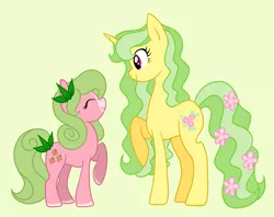 Size: 3056x2424 | Tagged: safe, artist:princess-madeleine, derpibooru import, oc, oc:sweet strawberry, oc:woodland spring, unofficial characters only, earth pony, pony, unicorn, child, cutie mark, family, mother and daughter, pair, parent, size difference