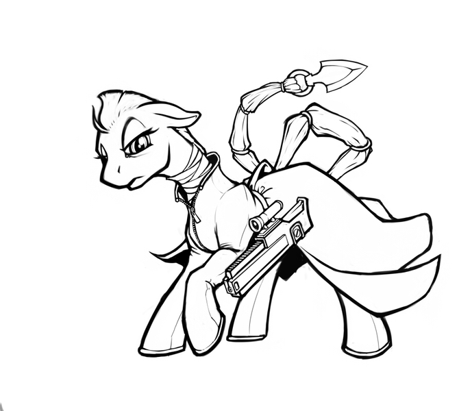 Size: 891x798 | Tagged: artist:kalemon, derpibooru import, fallout equestria, gun, monochrome, safe, solo, weapon