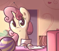 Size: 1150x1000 | Tagged: artist:spikedmauler, computer, derpibooru import, drawing, go ask sweetie belle, paper, room, safe, solo, sweetie belle