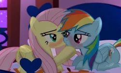 Size: 3080x1868 | Tagged: safe, artist:shutterflyeqd, derpibooru import, fluttershy, rainbow dash, bed, bedroom eyes, blushing, cute, female, flutterdash, kissing, lesbian, shipping, show accurate