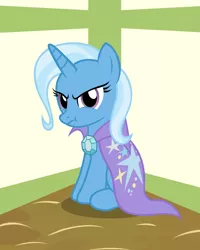 Size: 1730x2161 | Tagged: safe, artist:badumsquish, derpibooru import, trixie, pony, unicorn, :t, cape, clothes, corner, cute, diatrixes, female, frown, glare, grumpy, hatless, looking at you, mare, missing accessory, nose wrinkle, pouting, scrunchy face, sitting, solo, time out, trixie's cape