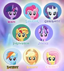 Size: 1701x1894 | Tagged: safe, artist:majkashinoda626, derpibooru import, applejack, fluttershy, pinkie pie, rainbow dash, rarity, starlight glimmer, sunset shimmer, twilight sparkle, twilight sparkle (alicorn), alicorn, pony, element of empathy, element of forgiveness, element of justice, elements of harmony, female, forgiveness, generosity, happy, hilarious in hindsight, honesty, justice, kindness, laughing, loyalty, magic, mane six, mare, smiling, the elements of friendship