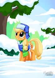 Size: 955x1351 | Tagged: applejack, artist:mysticalpha, clothes, cold, derpibooru import, hat, jacket, safe, scarf, smiling, snow, solo, winter, winter outfit