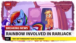 Size: 640x360 | Tagged: suggestive, artist:lightof-dawn, derpibooru import, edit, applejack, rainbow dash, rarity, bathrobe, bed, break your own news, breaking news, clothes, cuckolding, female, flower, heartbreak, implied cheating, implied rarijack, lesbian, news, raridash, rarijack, rarity's bedroom, robe, shipping, style emulation