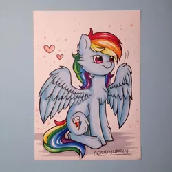 Size: 640x640 | Tagged: artist:goodmuffin, cute, derpibooru import, fluffy, heart, rainbow dash, safe, sitting, smiling, solo, spread wings, traditional art