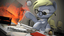 Size: 640x360 | Tagged: safe, artist:argodaemon, derpibooru import, derpy hooves, pegasus, pony, 3d, 60 fps, animated, coffee mug, computer, cute, derpabetes, derpy doing derpy things, derpy hooves tech support, dexterous hooves, female, fire, food, glasses, horse taxes, i just don't know what went wrong, keyboard, mare, muffin, mug, office, scrunchy face, solo, source filmmaker, stomping