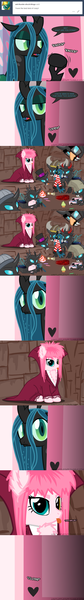 Size: 650x4625 | Tagged: safe, artist:mixermike622, derpibooru import, queen chrysalis, oc, oc:fluffle puff, changeling, pony, tumblr:ask fluffle puff, ask, canon x oc, chrysipuff, clothes, comic, costume, david bowie, doll, female, goblin king, jareth, labyrinth (movie), lesbian, movie reference, paper bag, pointy ponies, shipping, tongue out, toy, tumblr