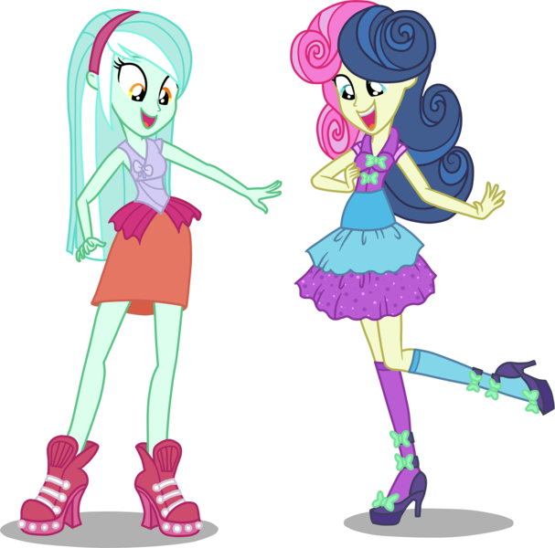 Size: 1955x1934 | Tagged: safe, artist:luchita27, derpibooru import, bon bon, lyra heartstrings, sweetie drops, equestria girls, life is a runway, rainbow rocks, alternate hairstyle, clothes, dress, high heels, open mouth, simple background, transparent background, vector