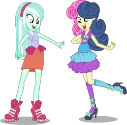 Size: 1955x1934 | Tagged: safe, artist:luchita27, derpibooru import, bon bon, lyra heartstrings, sweetie drops, equestria girls, life is a runway, rainbow rocks, alternate hairstyle, clothes, dress, high heels, open mouth, simple background, transparent background, vector