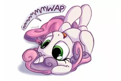Size: 1800x1200 | Tagged: safe, artist:bobdude0, derpibooru import, sweetie belle, pony, unicorn, behaving like a cat, cute, dialogue, diasweetes, female, filly, imminent belly rub, mwap, open mouth, simple background, solo, speech bubble, sweet dreams fuel, upside down, weapons-grade cute, white background