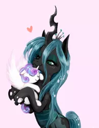 Size: 794x1024 | Tagged: safe, artist:dzetawmdunion, derpibooru import, edit, princess flurry heart, queen chrysalis, pony, fanfic, the crystalling, bipedal, blushing, cute, cutealis, eyes closed, fanfic art, floppy ears, flurrybetes, heart, hug, image, jpeg, lidded eyes, mommy chrissy, nuzzling, simple background, smiling, smug, spread wings, white background