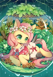 Size: 825x1200 | Tagged: safe, artist:huaineko, derpibooru import, fluttershy, pony, rabbit, blushing, clothes, female, floral head wreath, flower, leaf, looking at each other, mare, pixiv, smiling, solo, water