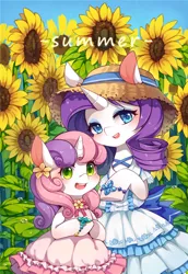 Size: 825x1200 | Tagged: safe, artist:huaineko, derpibooru import, rarity, sweetie belle, pony, unicorn, bipedal, blushing, bow, bowtie, bracelet, clothes, dress, duo, flower, flower in hair, frilly dress, hat, jewelry, looking at you, pixiv, smiling, straw hat, sunflower