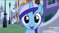 Size: 480x270 | Tagged: safe, derpibooru import, screencap, minuette, pony, unicorn, amending fences, animated, bust, cute, discovery family logo, eyes closed, female, happy, looking at you, mare, minubetes, open mouth, portrait, smiling, solo, squee