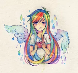 Size: 1200x1134 | Tagged: apple, artist:huaineko, derpibooru import, food, human, humanized, pixiv, rainbow dash, safe, solo, traditional art, tsundere, winged humanization