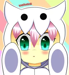 Size: 1200x1313 | Tagged: safe, artist:papibabidi, derpibooru import, fluttershy, animal costume, blushing, clothes, hoodie, looking at you, solo