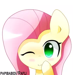 Size: 1018x1051 | Tagged: safe, artist:papibabidi, derpibooru import, fluttershy, blushing, looking at you, smiling, solo, wink