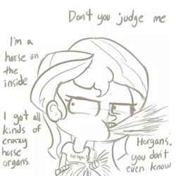 Size: 792x792 | Tagged: safe, artist:tjpones, derpibooru import, sunset shimmer, equestria girls, :t, angry, clothes, dialogue, eating, female, frown, glare, grayscale, hay, homesick shimmer, horgans, humans doing horse things, lidded eyes, looking at you, monochrome, neigh, offscreen character, open mouth, puffy cheeks, shirt, simple background, sketch, solo, sunset wants her old digestive system back, white background