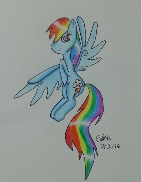 Size: 1482x1913 | Tagged: safe, artist:lizzyisme, derpibooru import, rainbow dash, pegasus, pony, flying, solo, traditional art