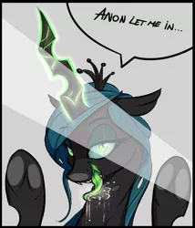 Size: 1200x1400 | Tagged: suggestive, artist:asadama, derpibooru import, queen chrysalis, pony, against glass, bronybait, dude let me in, female, glass, implied anon, kitchen eyes, lewd, licking, looking at you, mare, solo, talking to viewer, tongue out, tumblr, window, window licking