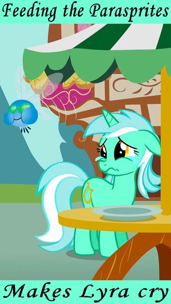 Size: 671x1191 | Tagged: cropped, derpibooru import, edit, edited screencap, image macro, lyra heartstrings, meme, parasprite, safe, screencap, swarm of the century, teary eyes