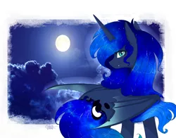 Size: 2000x1570 | Tagged: safe, artist:jess-choco88, derpibooru import, princess luna, alicorn, bat pony, bat pony alicorn, pony, bat ponified, blood, fangs, lunabat, moon, night, race swap, solo, wing claws