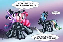 Size: 3117x2070 | Tagged: artist:rcanheta, catsuit, clothes, conjoined suit, derpibooru import, hilarious in hindsight, latex, misspelling, pinkie pie, polyamory, rainbow dash, safe, shared clothing, stuck together, twidashpie, twilight sparkle