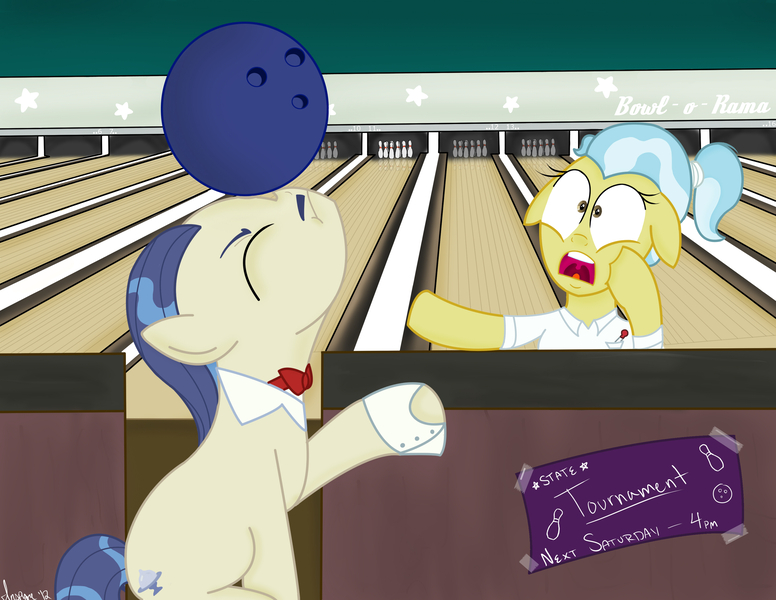 Size: 3300x2550 | Tagged: artist:theoriginalmalice, balancing, bowling, bowling alley, bowling ball, bowling pin, derpibooru import, doctor fauna, horte cuisine, safe, savoir fare