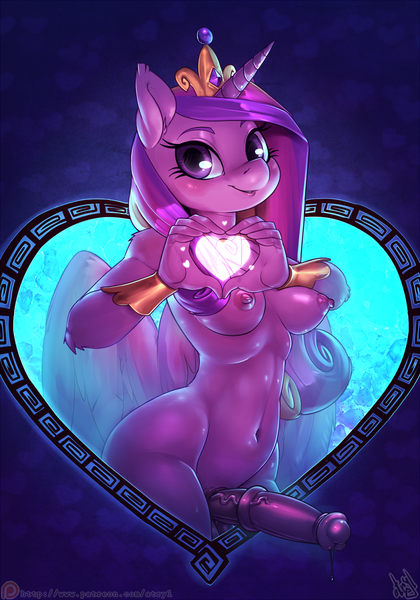Size: 840x1200 | Tagged: explicit, artist:atryl, derpibooru import, princess cadance, alicorn, anthro, belly button, bracer, breasts, futa, futa princess cadance, heart, heart hands, horsecock, image, intersex, jewelry, ketchup vein, looking at you, nipples, nudity, penis, png, precum, smiling, smiling at you, solo, solo futa, spread wings, tiara, vein, vein bulge, veiny cock, wide hips, wings