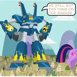 Size: 540x540 | Tagged: safe, artist:aha-mccoy, derpibooru import, twilight sparkle, twilight sparkle (alicorn), alicorn, pony, nopony-ask-mclovin, crossover, female, giant pony, image, mare, mech, megas xlr, png, speech bubble, sweat, sweatdrops