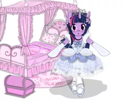 Size: 580x478 | Tagged: artist:avchonline, ballerina, ballet slippers, bed, blushing, canterlot royal ballet academy, clothes, derpibooru import, dress, frilly dress, hello kitty, hilarious in hindsight, looking at you, safe, sanrio, solo, tiara, trunk, tutu, twilarina, twilight sparkle